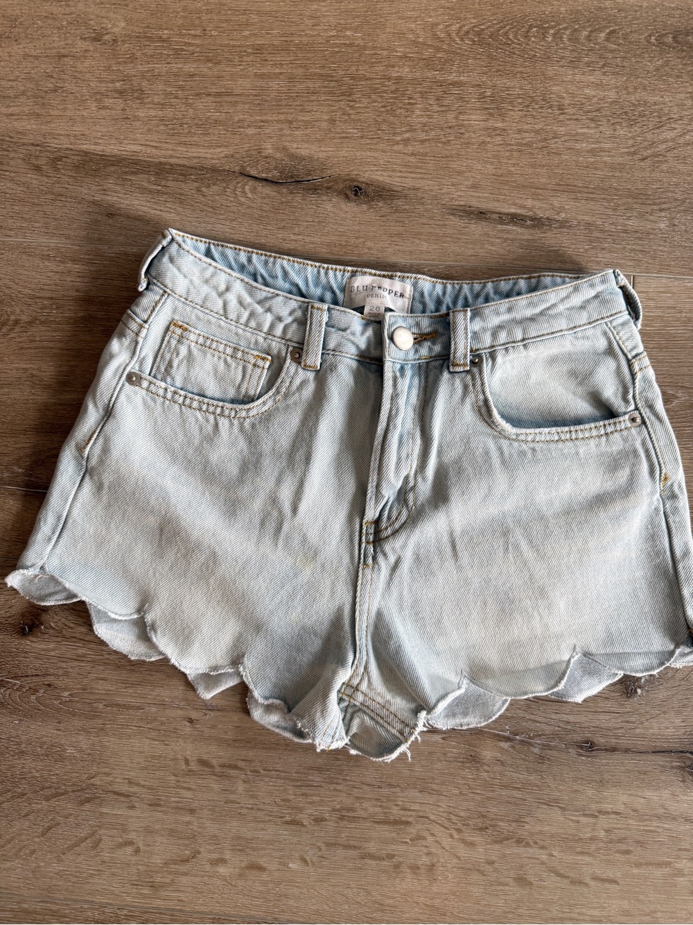 Blu Pepper Light Wash Denim Shorts with Scalloped Hem